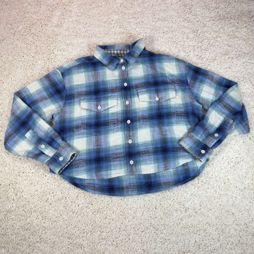 American Eagle Flannel Shirt Womens Medium Blue Plaid Button Down Cropped Cotton